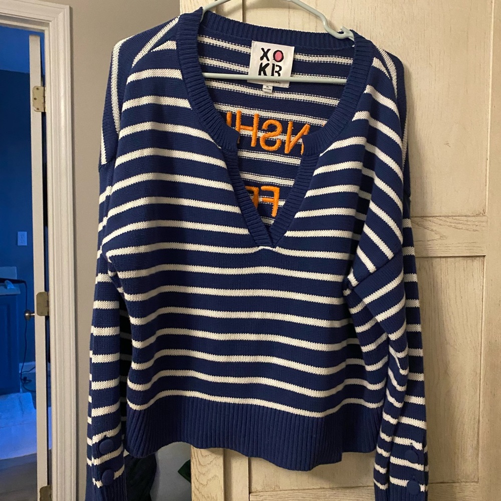 Navy & White Striped V-Neck Sweater